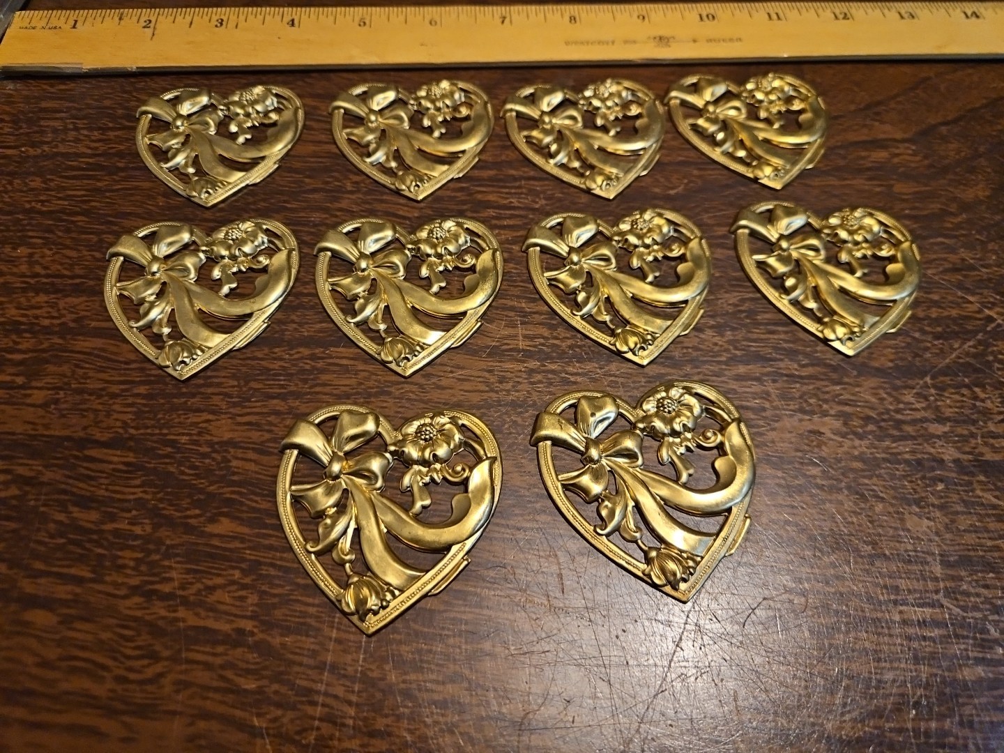 Lot Of 10 Hearts W Flower France Vintage 60s Brass Stampings Findings Jewelry