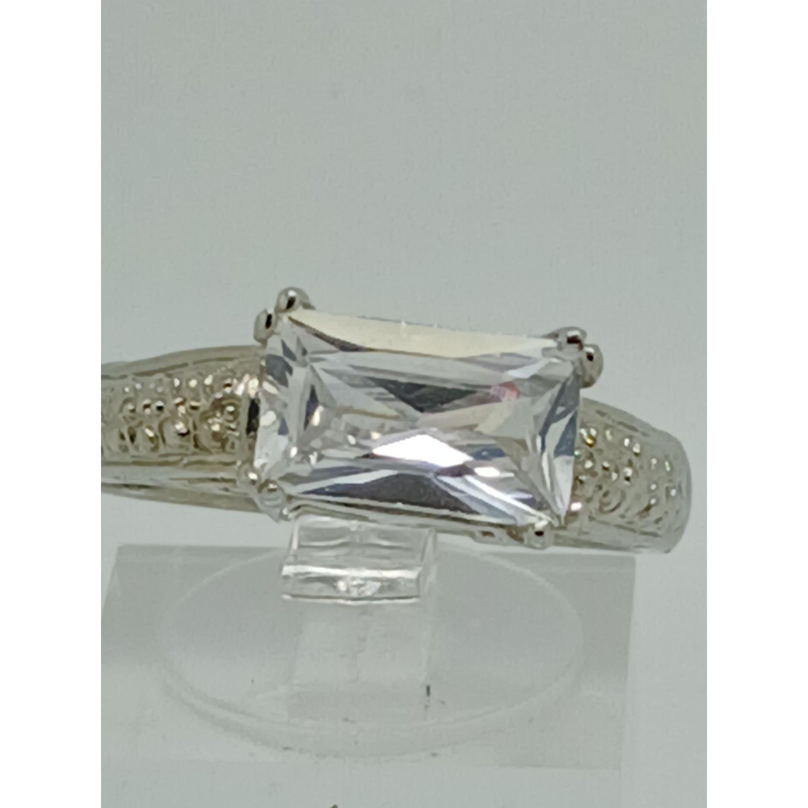 Vintage White Gold Plated CZ Engagement Ring 3.0 Carat Radiant Cut Stone Size 9