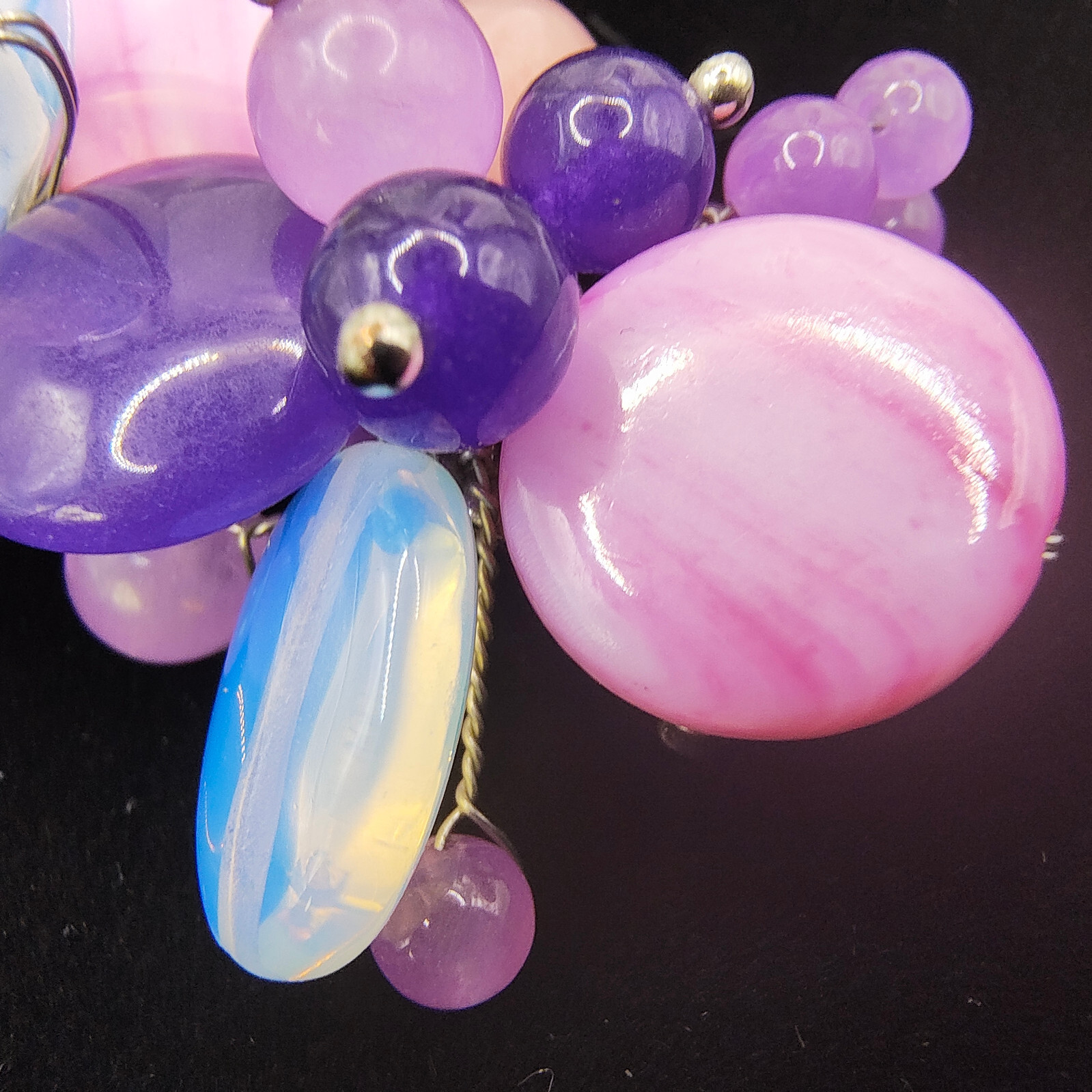 Chunky Purple Art Glass Brooch Pin Silver Tone Glass Beads Cluster Wire Abstract