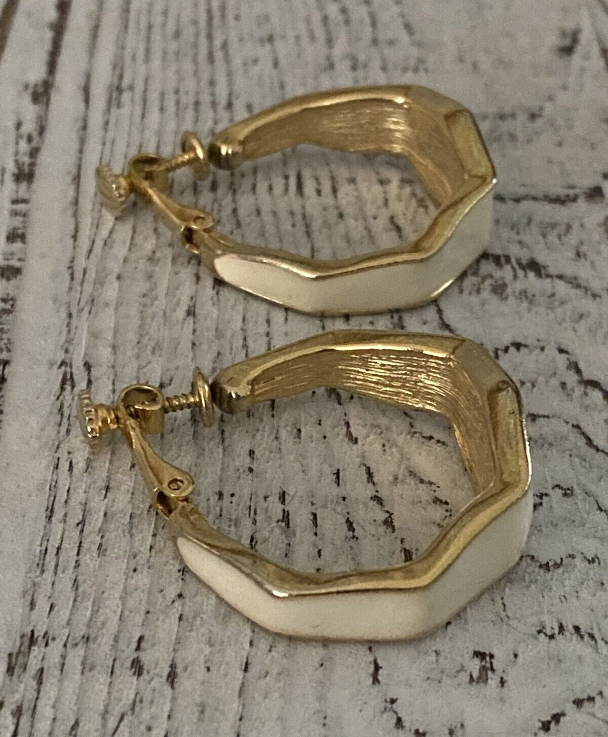 Goldette Earrings Creme Ivory Enamel Gold Tone Screw Back Vintage 1960s