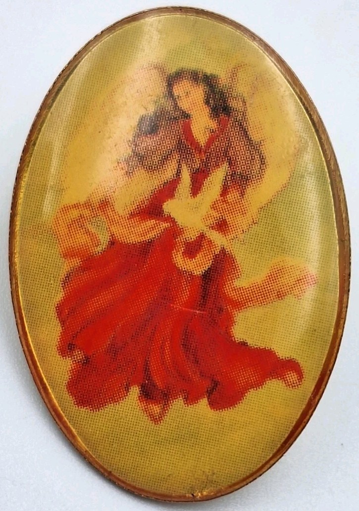 VTG Goldtone Guardian Angel & Dove Devotional Oval Lapel Pin Brooch Acrylic Dome