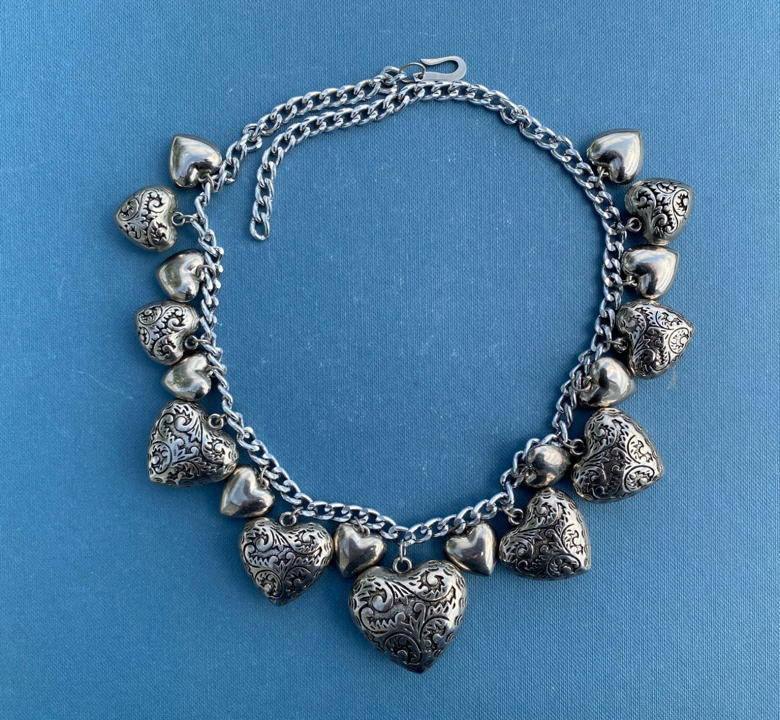 Necklace Chain Victorian Hearts Silver Tone Vintage