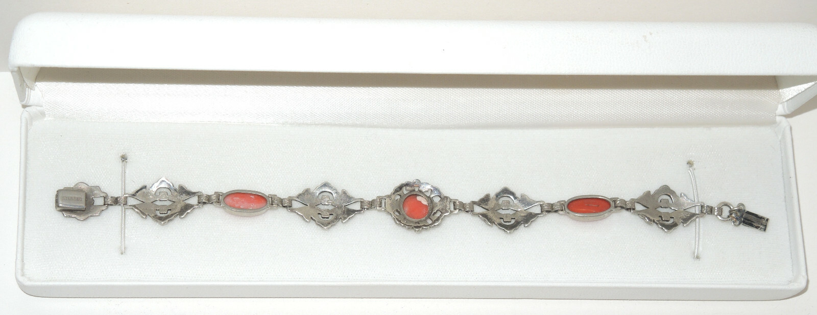 1920’s Art Deco Sterling Openwork Links Bracelet with Coral & Marcasites