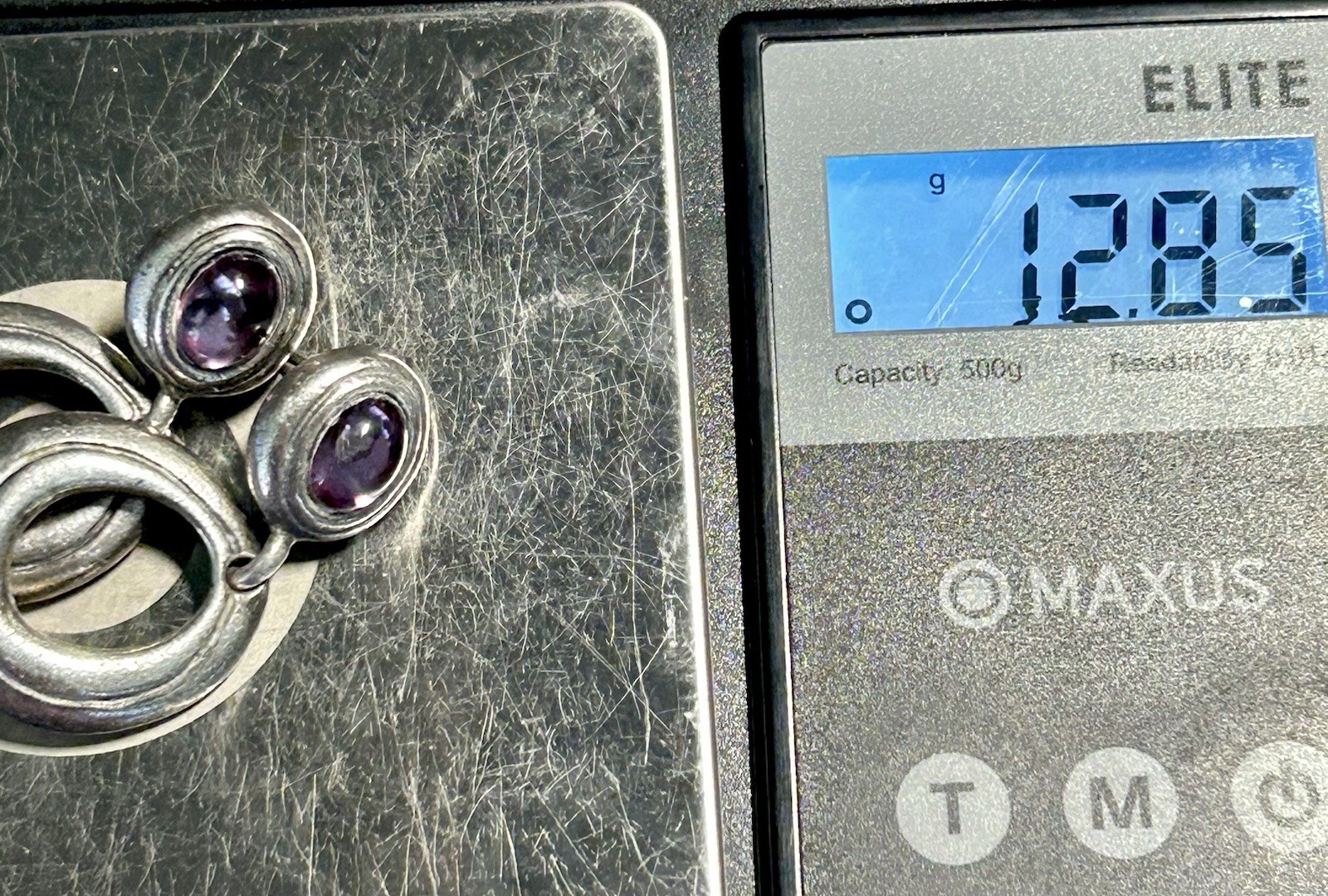 Vntg Sterling Door Knocker Dangle Post Earrings Purple Glass Cabochon 12.85 G