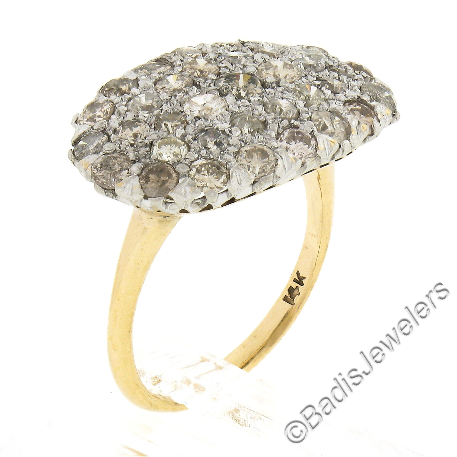 Victorian Revival Gold & Platinum Pave White & Champagne Diamond Platter Ring