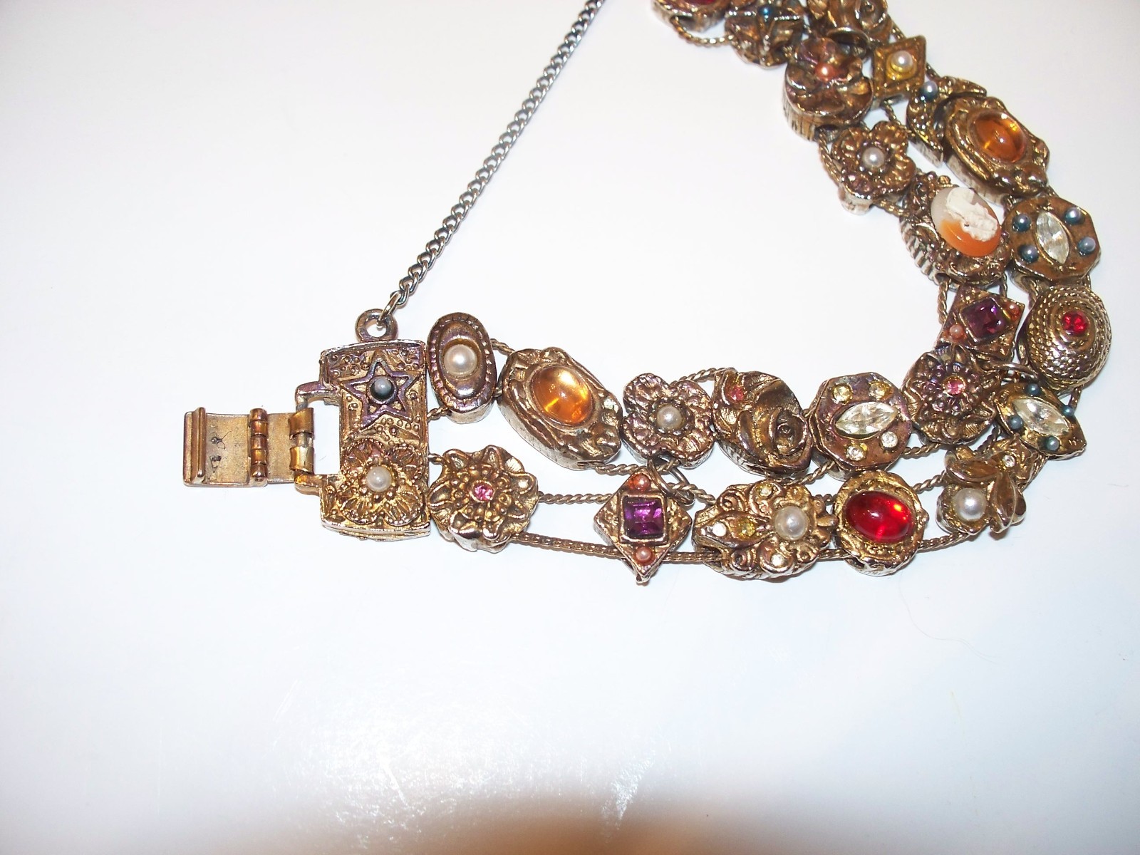 Vintage Faux Jewel Slide Double Row Charm Bracelet Cameo Amethyst Rhinestones