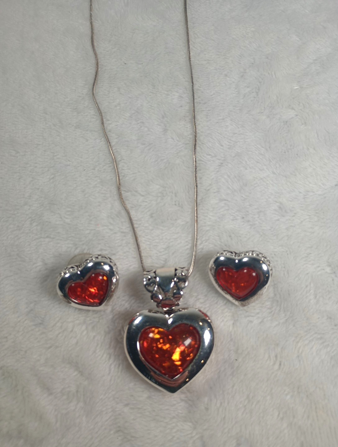 Vintage Silver Tone Amber Heart Necklace Earrings Set Romantic Valentine