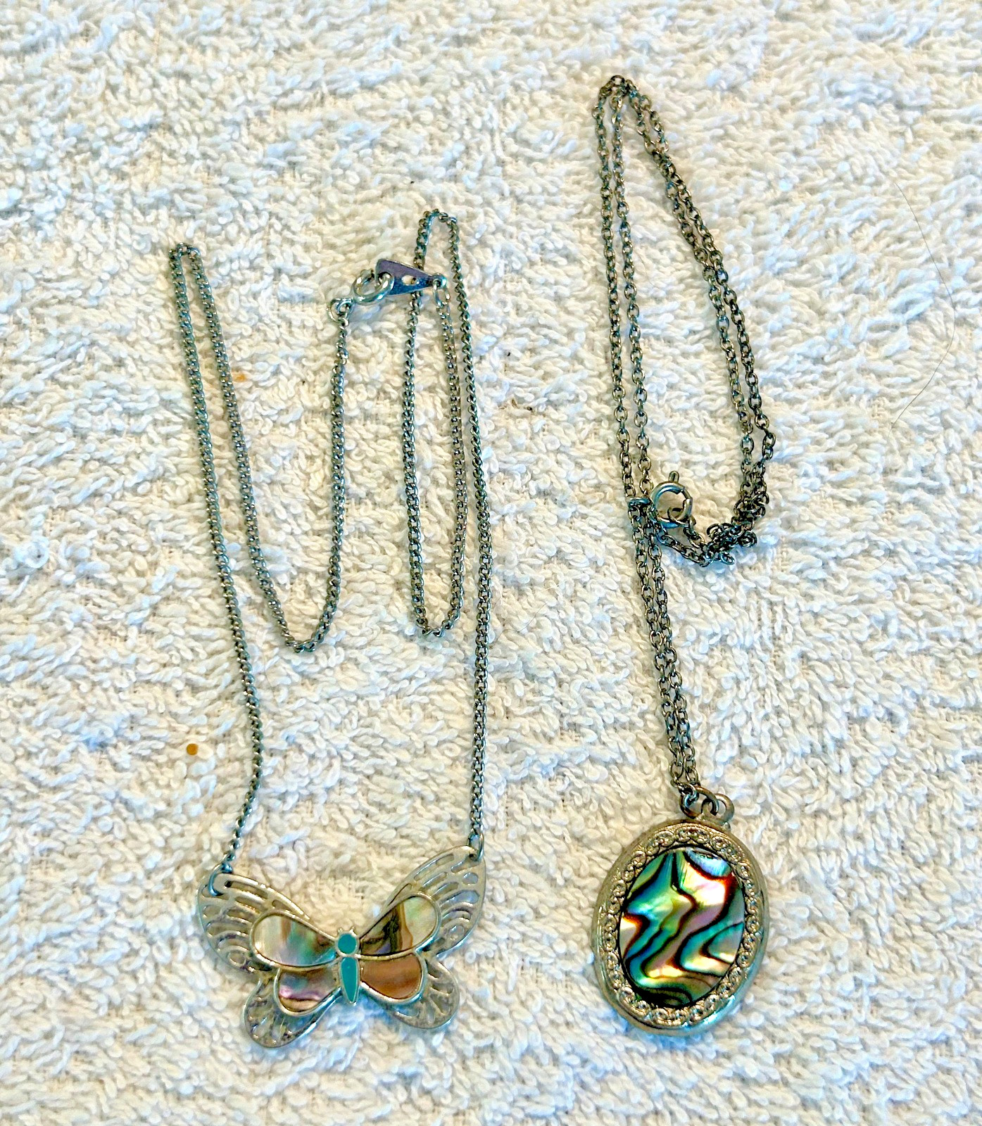 Vintage Butterfly and Oval necklace pair, Abalone Inlaid, Silver Tone, 16″