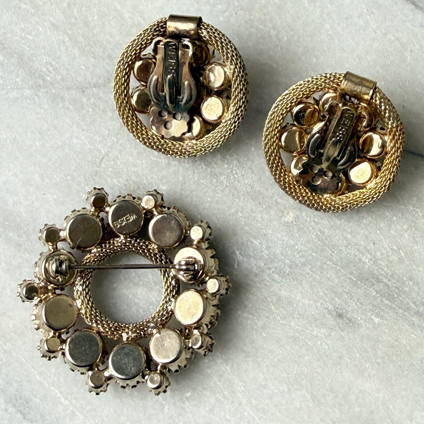 Vtg 1960s Weiss Brooch Earrings Set Pink Purple Gold Crystal Rhinestone Circle