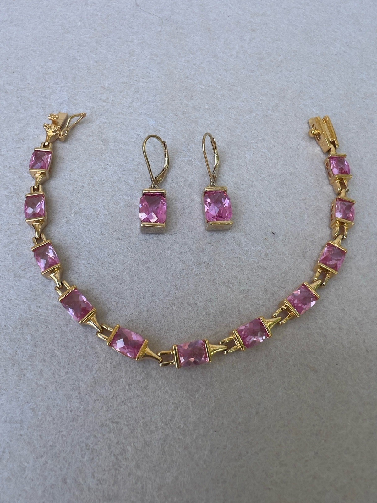 Vintage Sterling Silver Vermeil & Cushion Cut Pink Quartz 7” Bracelet & Earrings