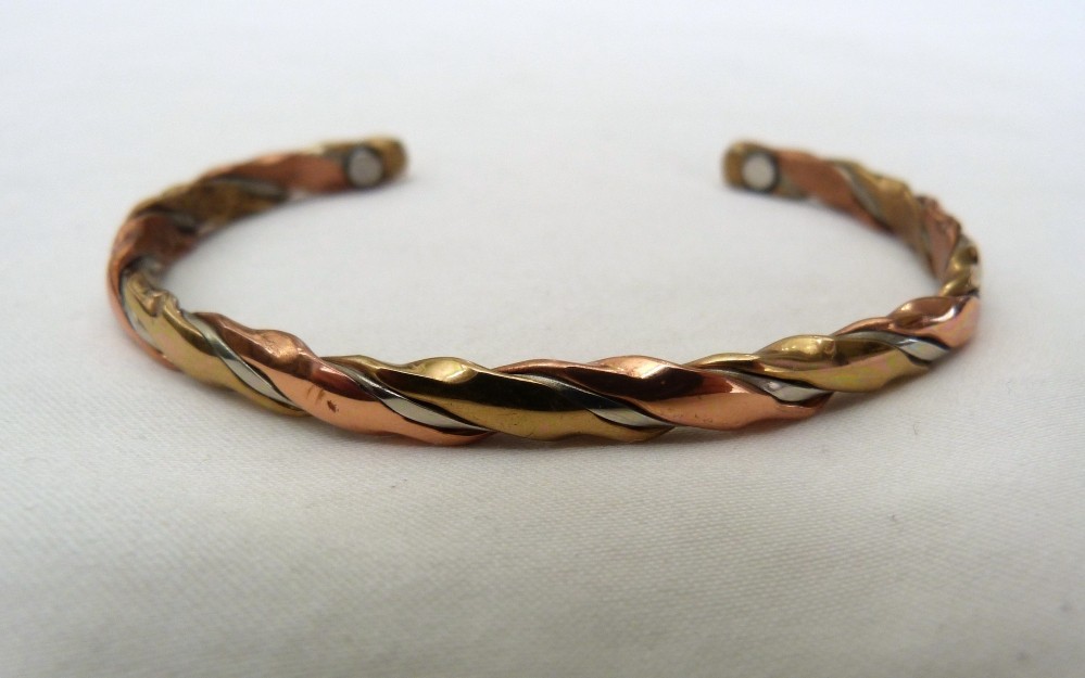 VINTAGE SERGIO LUB WOVEN COPPER BRASS SILVER MAGNETIC CUFF BRACELET