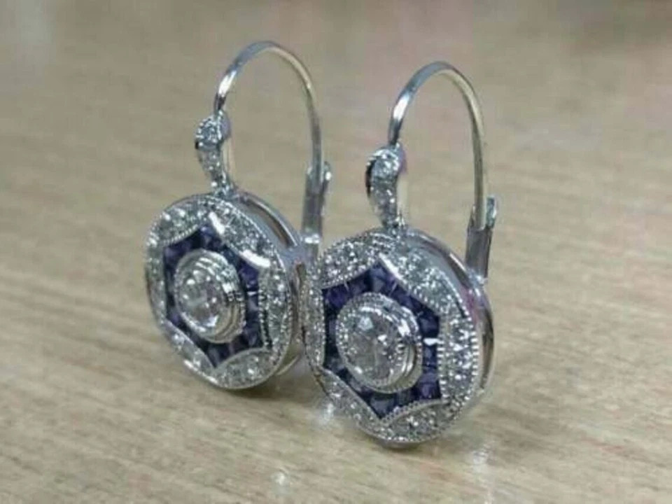 3.75Ct Art Deco Style Lab Created Diamond & Sapphire 14K White Gold FN Earrings