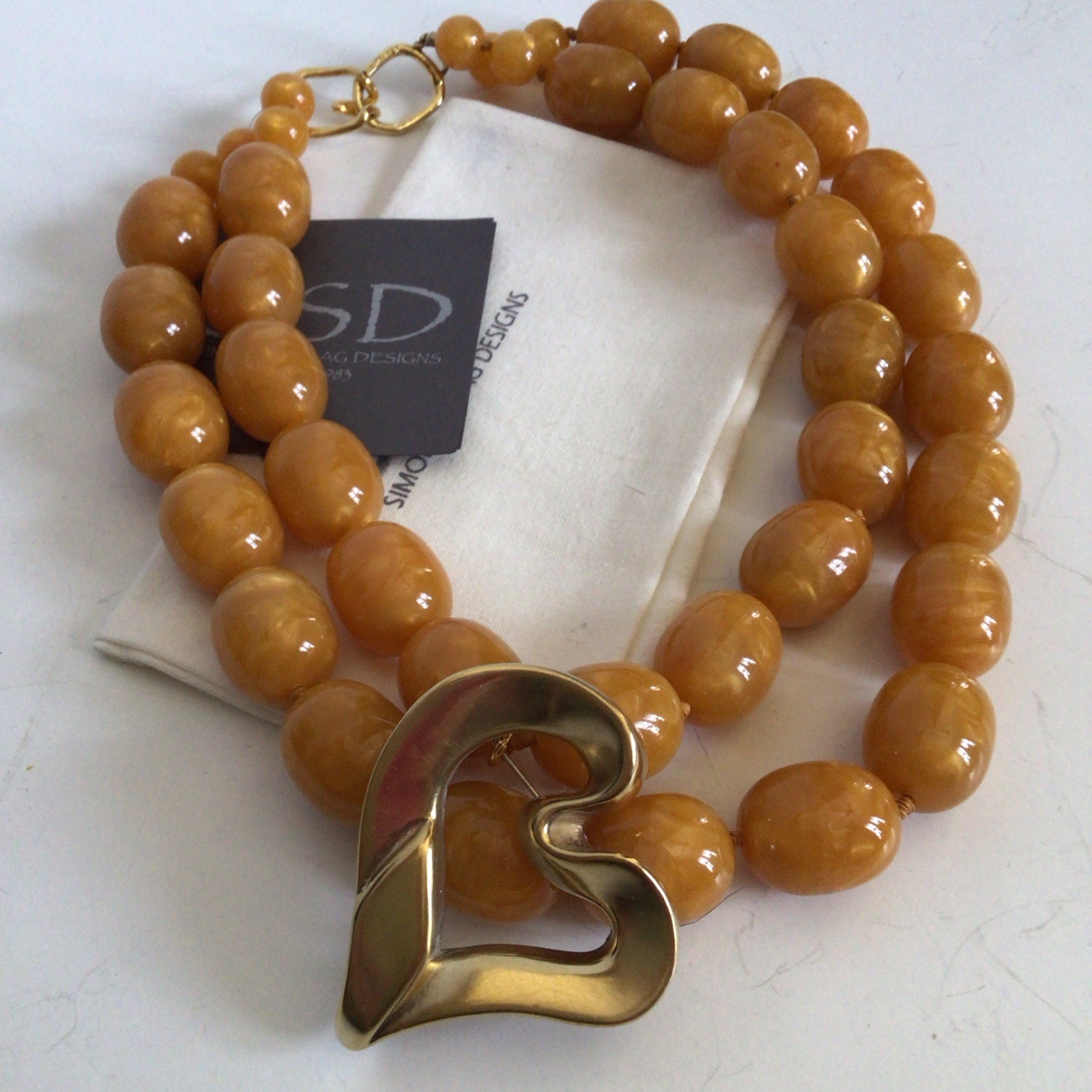 SPECIAL SEBBAG VON MUSULIN NECKLACE STERLING/GOLD HEART HUGE AMBER COLOR BEADS