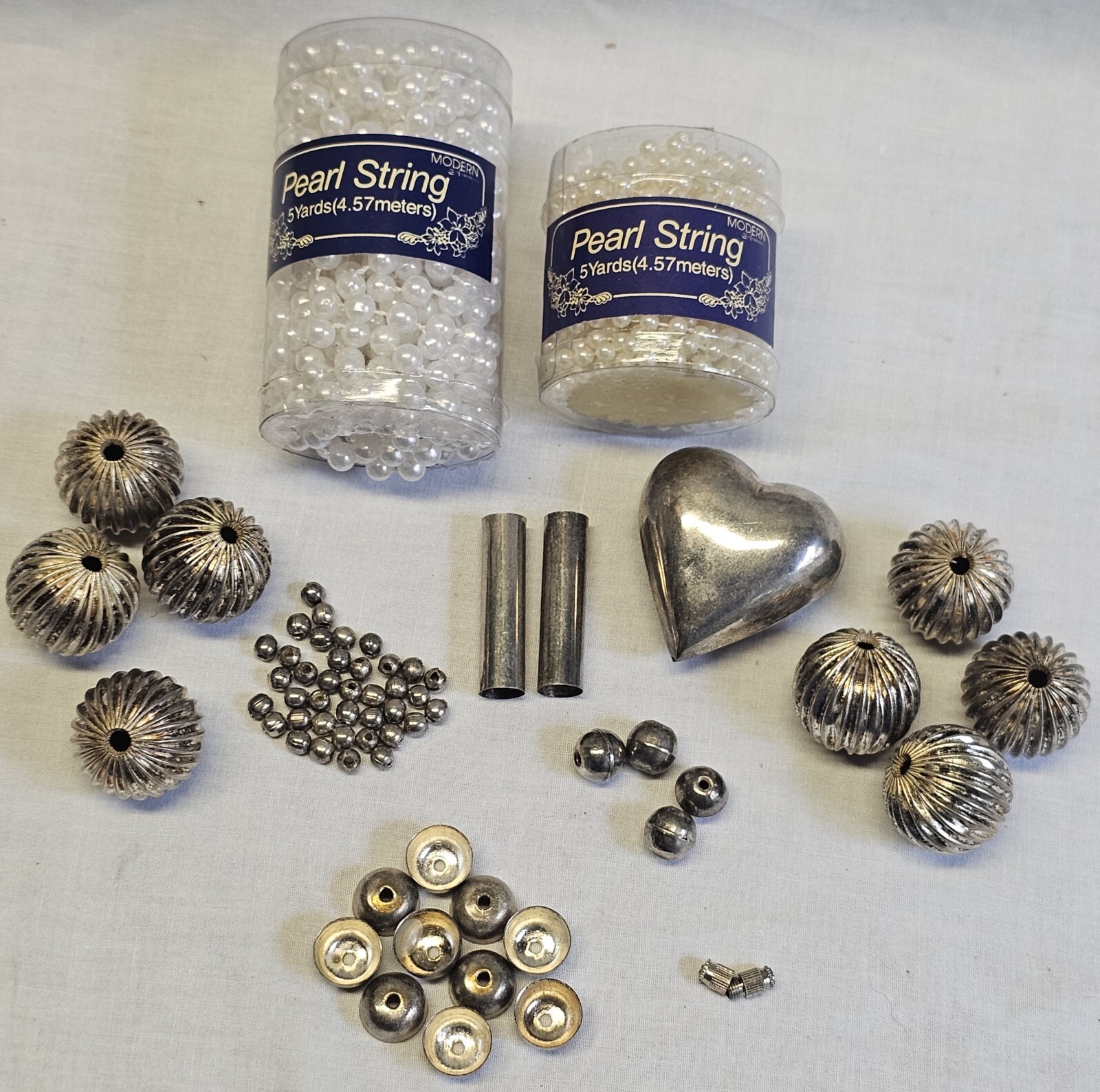 Vintage Jewelry Making Set Pearl String Kit Small-Large Metal Beads Silver Heart