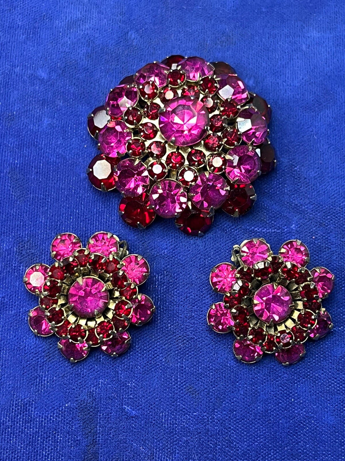 Vintage Rhinestone Dome Brooch Crystal Fuchsia Pink Red Garnet Layered Earrings