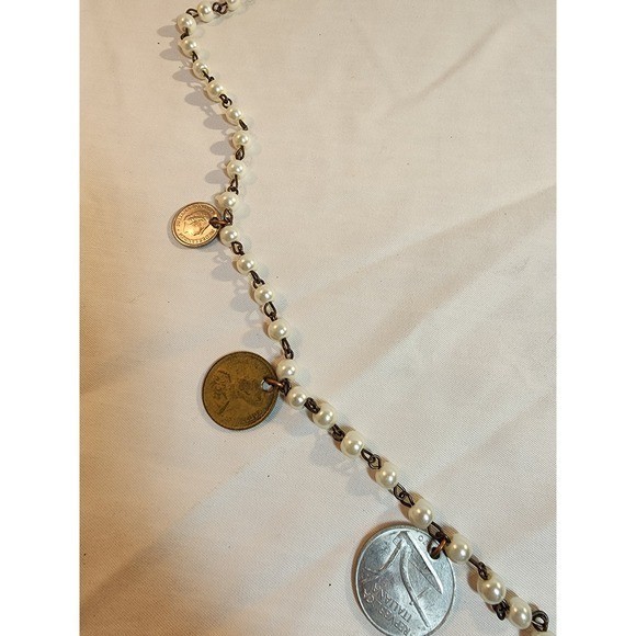 Vintage International Coin and Faux Pearl Charm Necklace Copper Toggle Clasp