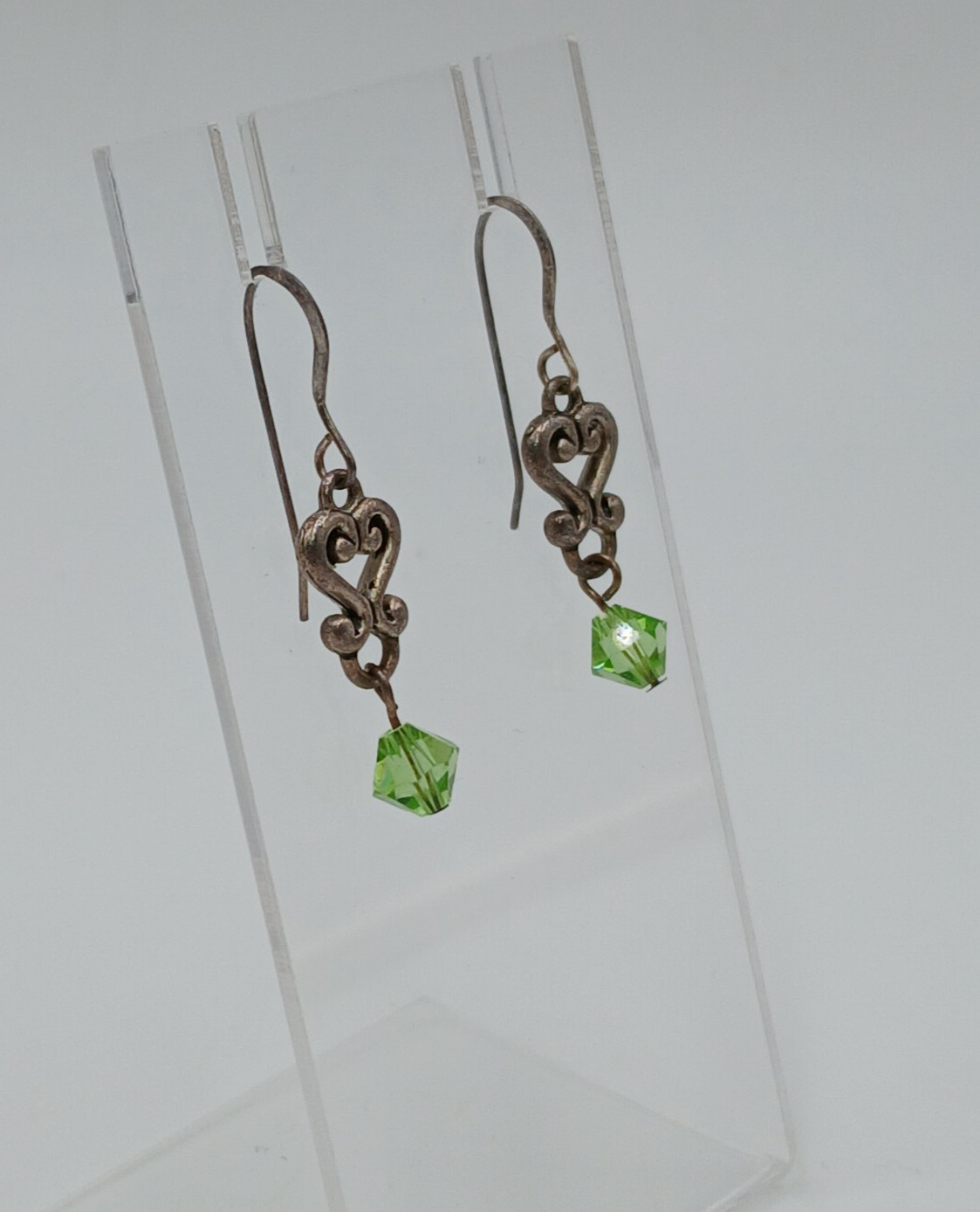 VTG 925 Green Bicone Crystal Earrings 1.25in Drop Sterling Silver Heart Scroll