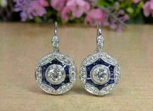 3.75Ct Art Deco Style Lab Created Diamond & Sapphire 14K White Gold FN Earrings