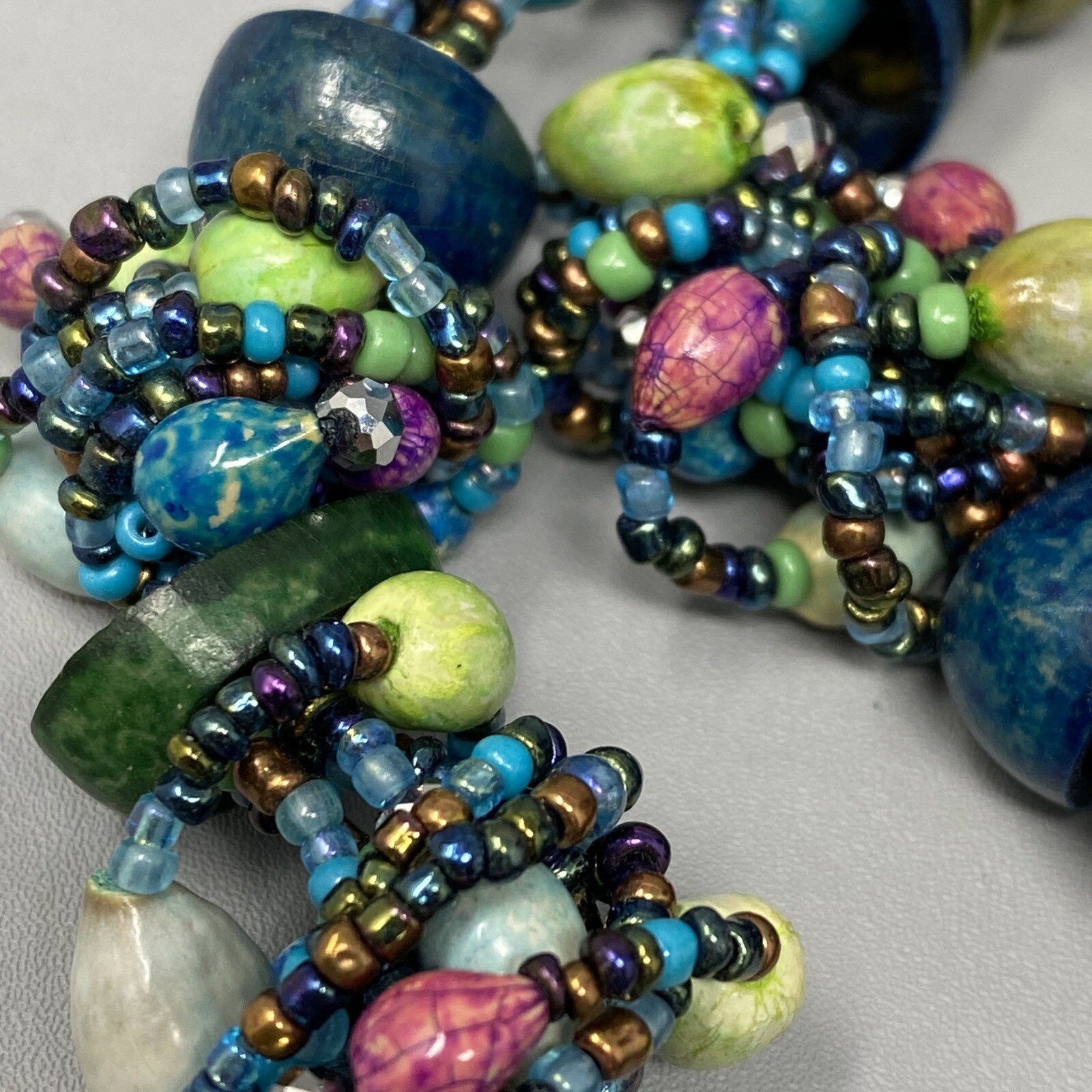 Boho Necklace Vintage Blue Multicolor Seed Bead Dyed Nut Multi Strand Collar 19″