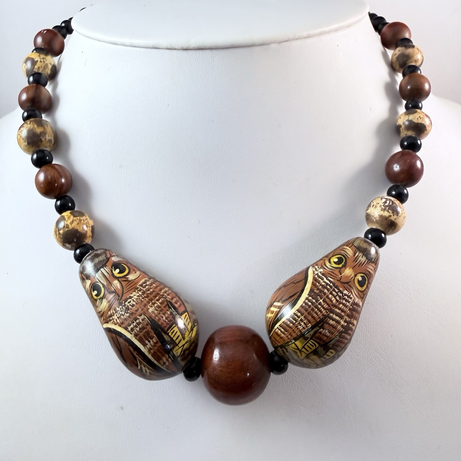 Vintage Hand Painted Owl Wood Beaded & Black Glass Necklace 18″