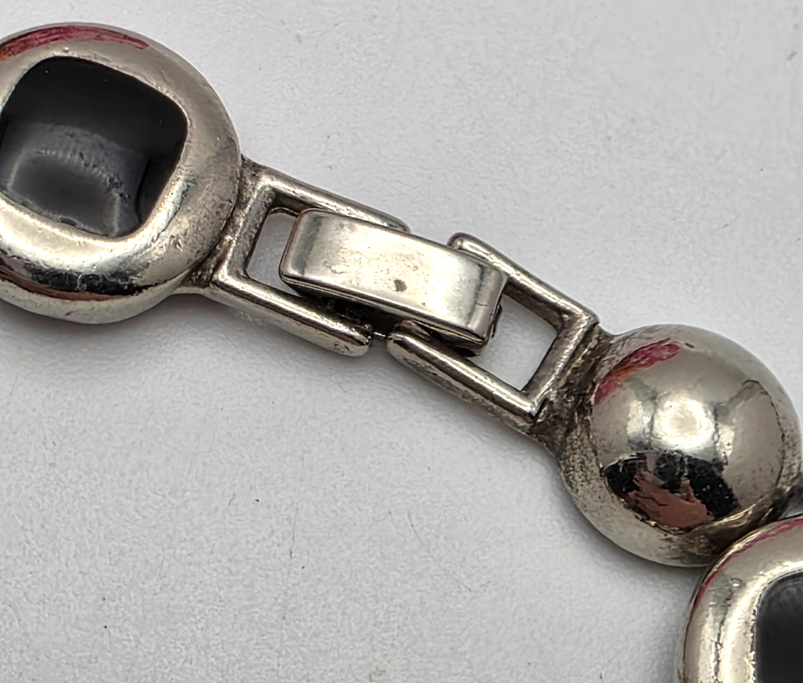 Vintage Silver Tone Black Enamel Link Bracelet Chunky Modernist 7in