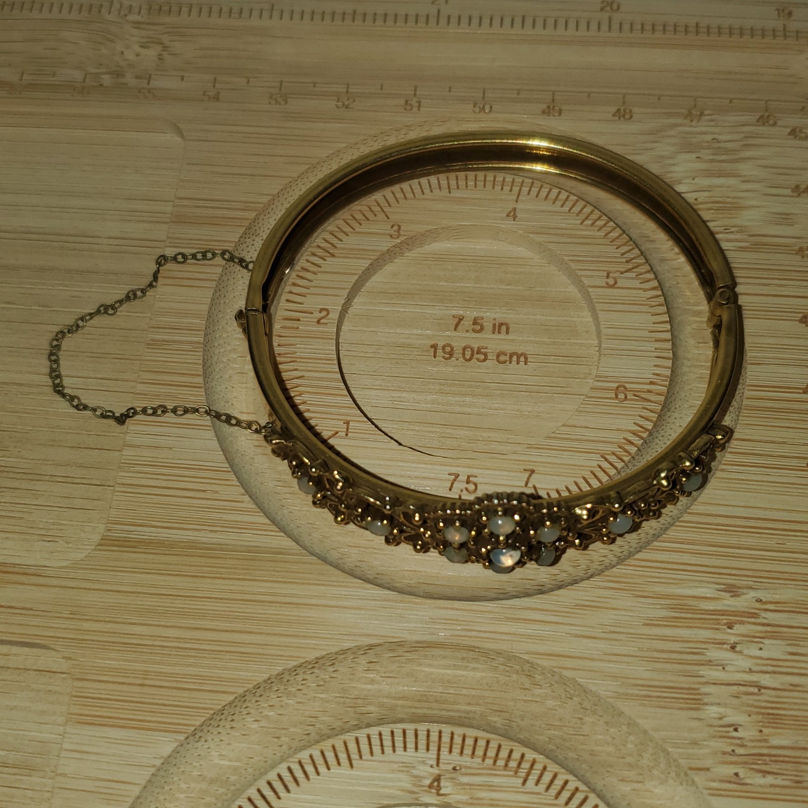 Victorian Revival Style Gold Tone Filigree Hinged Bangle Bracelet- 7.75″