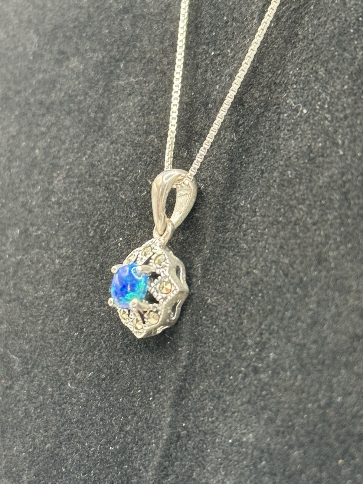 VTG: Sterling Silver925 Pendant Blue-Crafted Opal W/ Marcasite Surroundings 18”