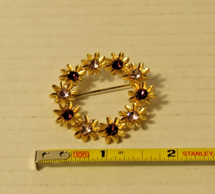 Flower Purple Clear Rhinestone Pin Brooch Gold Tone Garden Fairy Spring Whimsy