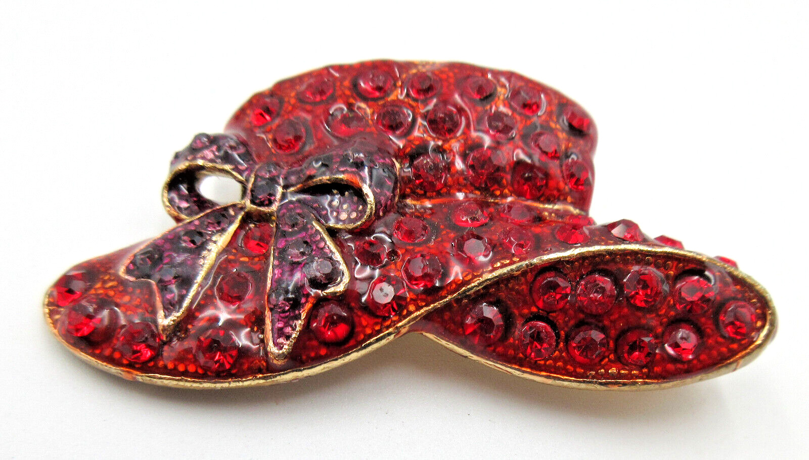 VTG big heavy bling brim lady Hat bow pendant Brooch Pin red purple gold tone