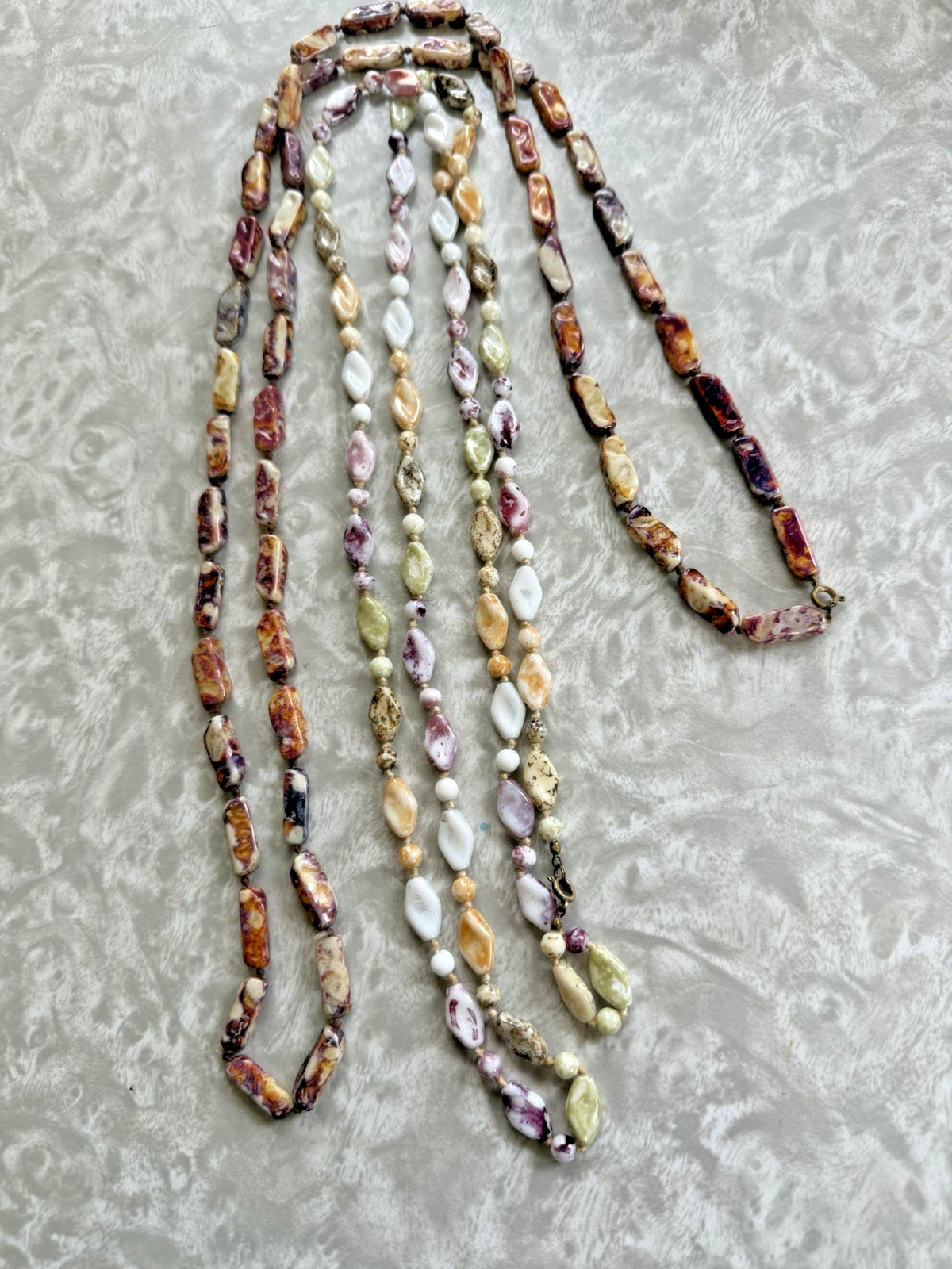 Lot of 2 SUPER LONG Vintage Polished Beads Stones Hand-knotted Shiny Necklaces