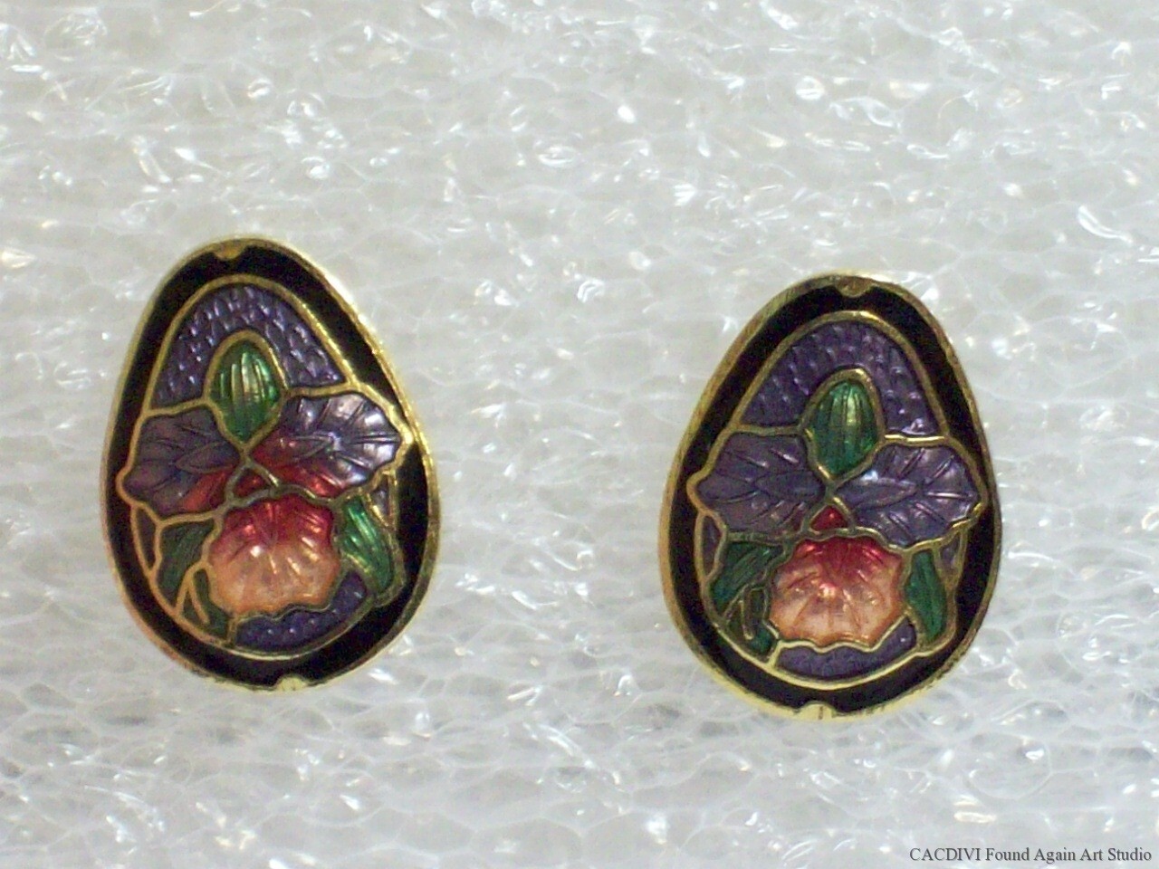 Retro Enamel Orchid Earrings Small Purple Pink Multi Color Cloisonne Flowers Vtg