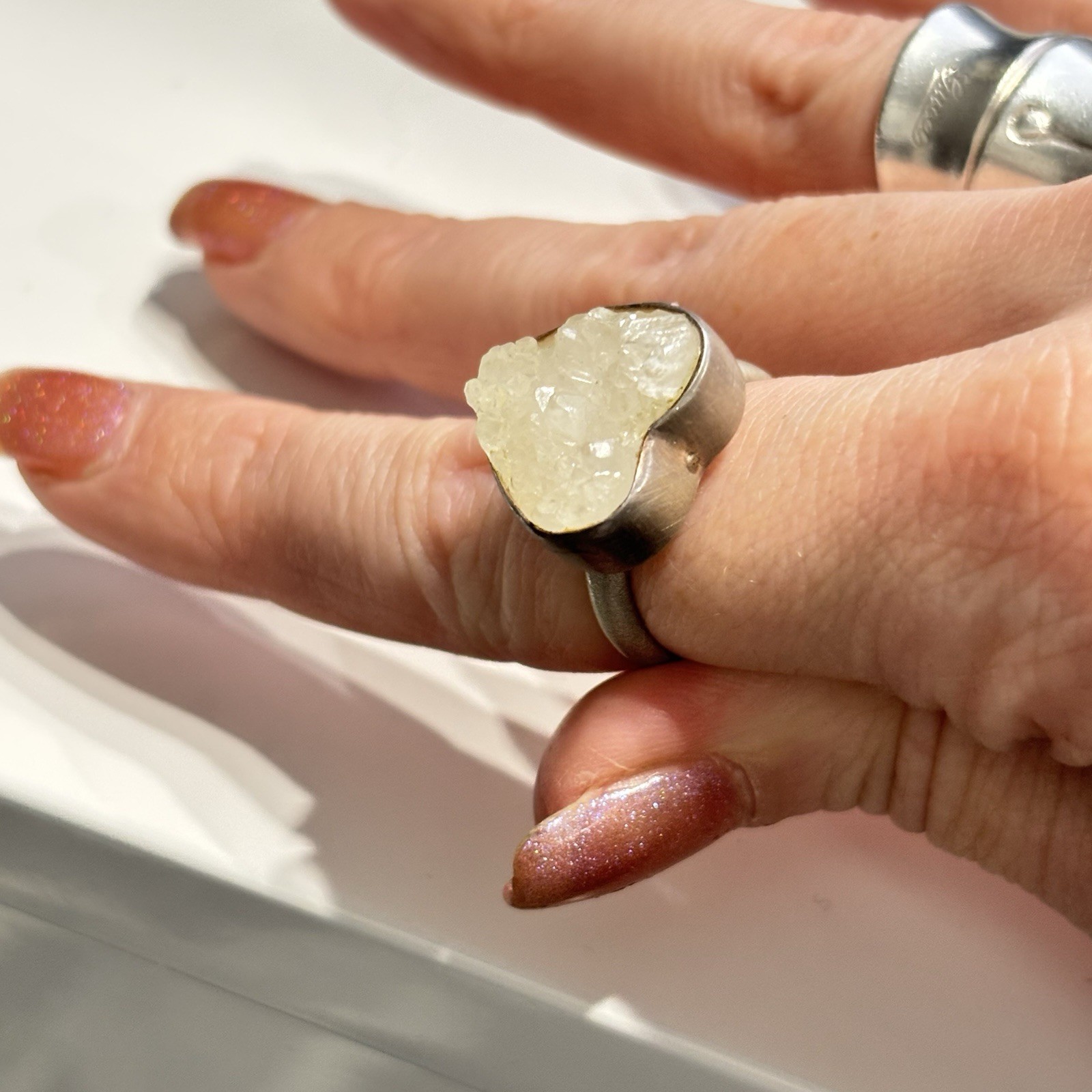Vintage Brutalist TM 950 Sterling Silver Raw Geode Druzy Crystal Ring 8.5