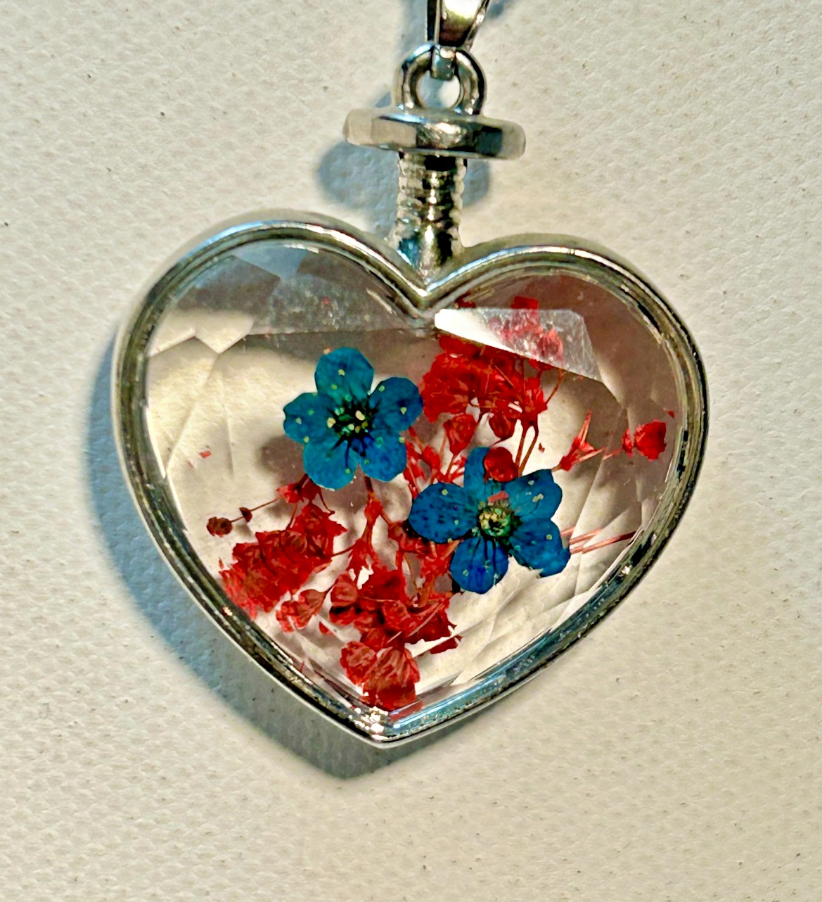 Vintage Heart Pendant Necklace Blue and Red Pressed Flowers