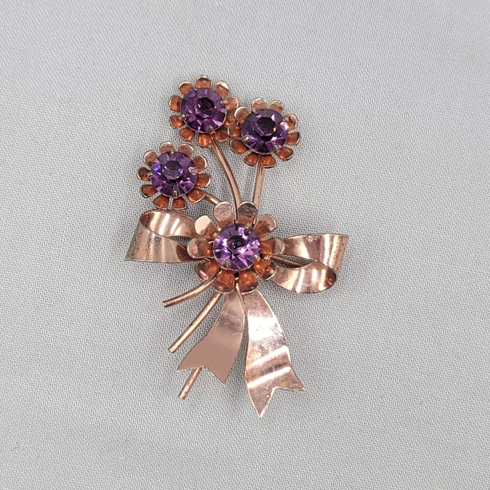 Vtg Sterling Silver Flower Pin Brooch Purple Rhinestone Rose Gold Vermeil 2.5″