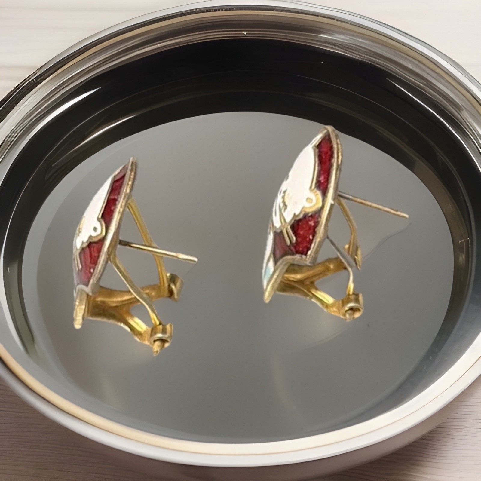 Adorable Kitty Earrings w gold trim, turquoise & Red enamel background, so cute