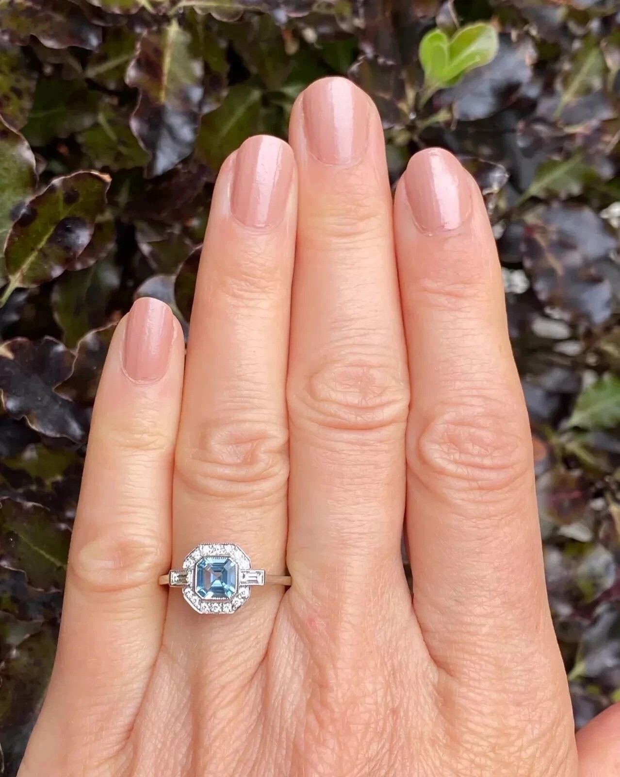Art Deco 2.55Ct Aquamarine Lab Created Diamond Engagement 14K White Gold FN Ring