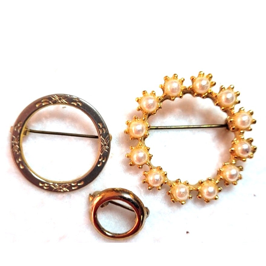 Vtg Circle Goldtone Brooch Lot Freirich Beau Jewels Round Pearls 50s 60s 70s 80s