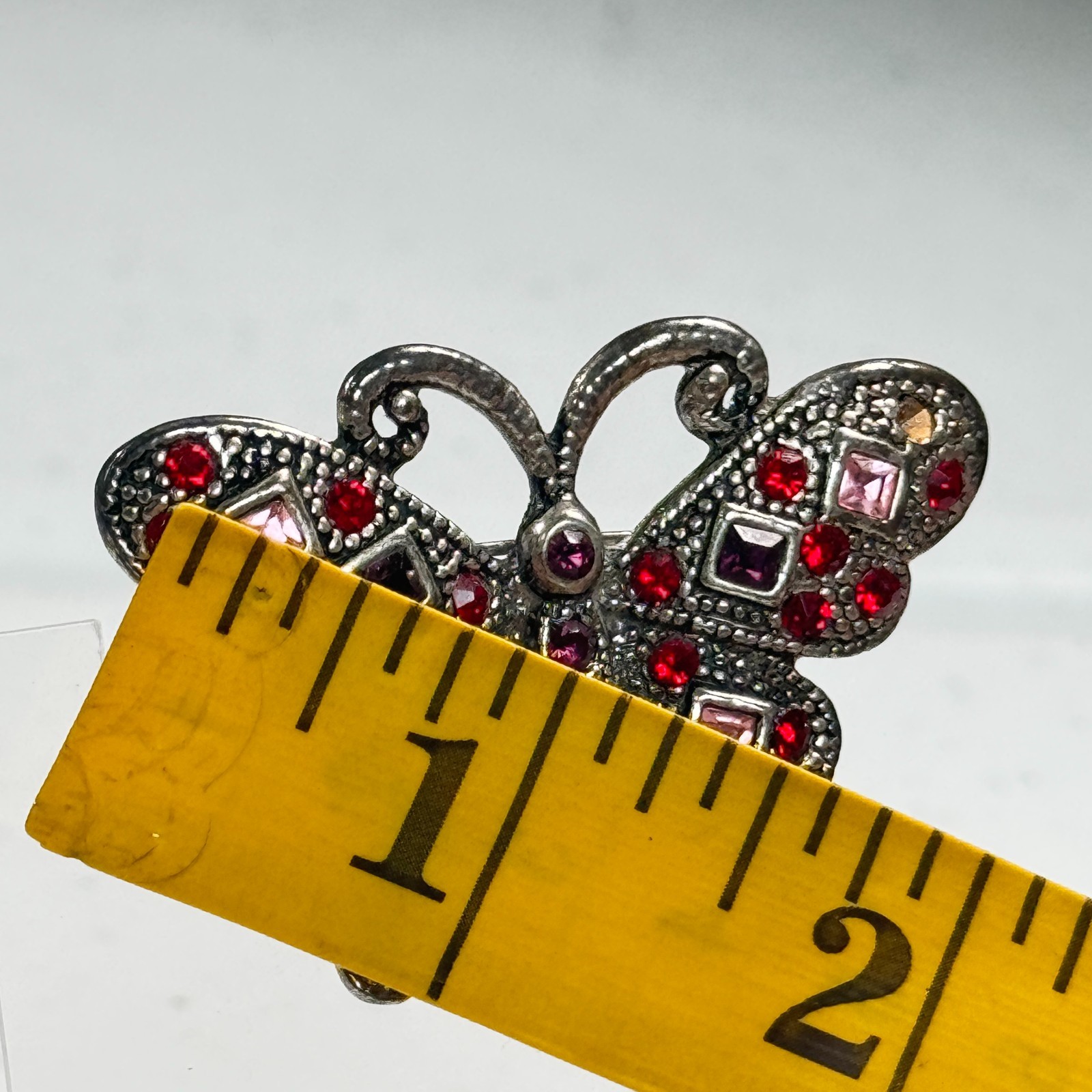 Vintage Brooch Butterfly Gunmetal Red Pink Rhinestone Pavé Statement Pin mcm