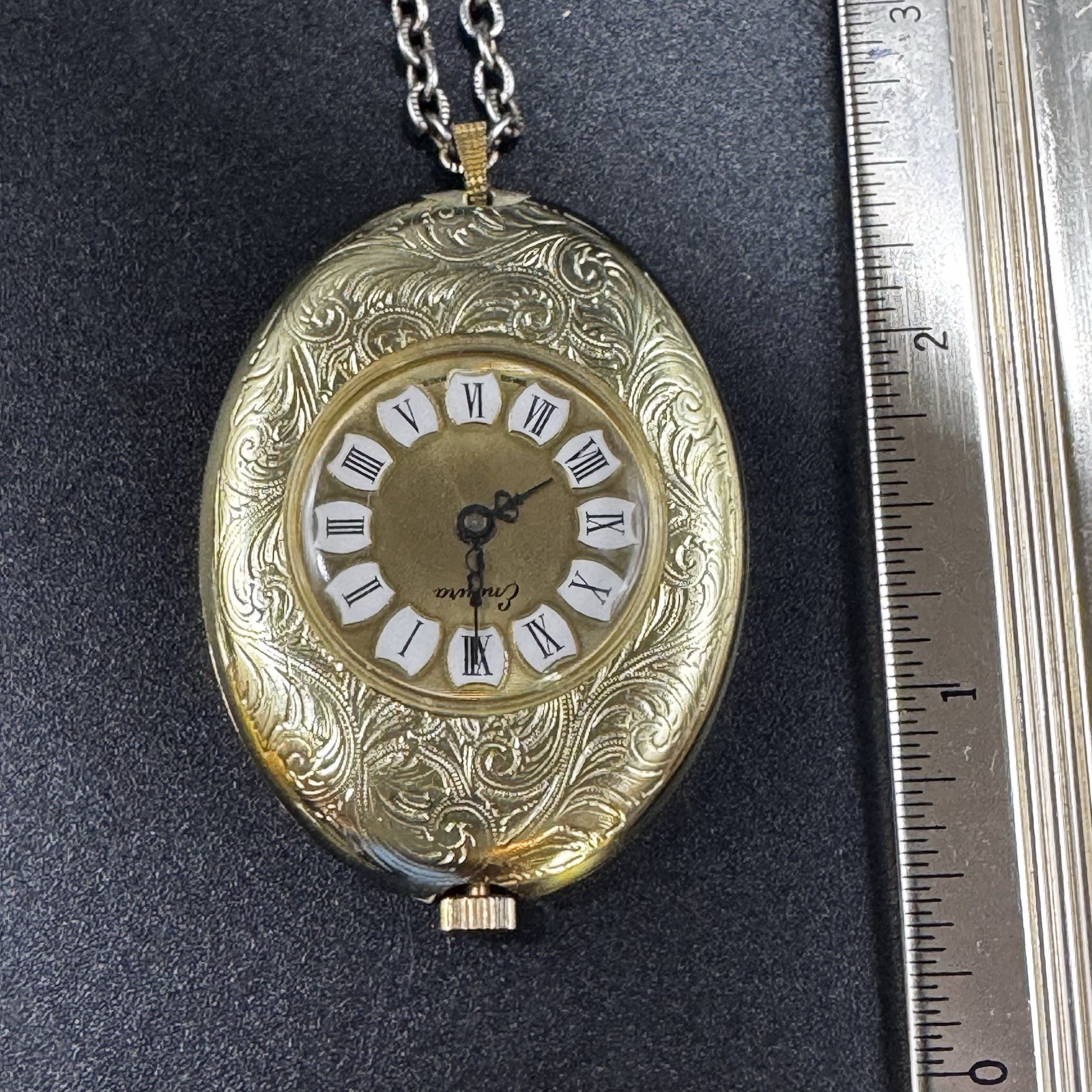 Vintage Endura Oval Pendant Watch Necklace Gold-Tone Engraved Roman Numerals