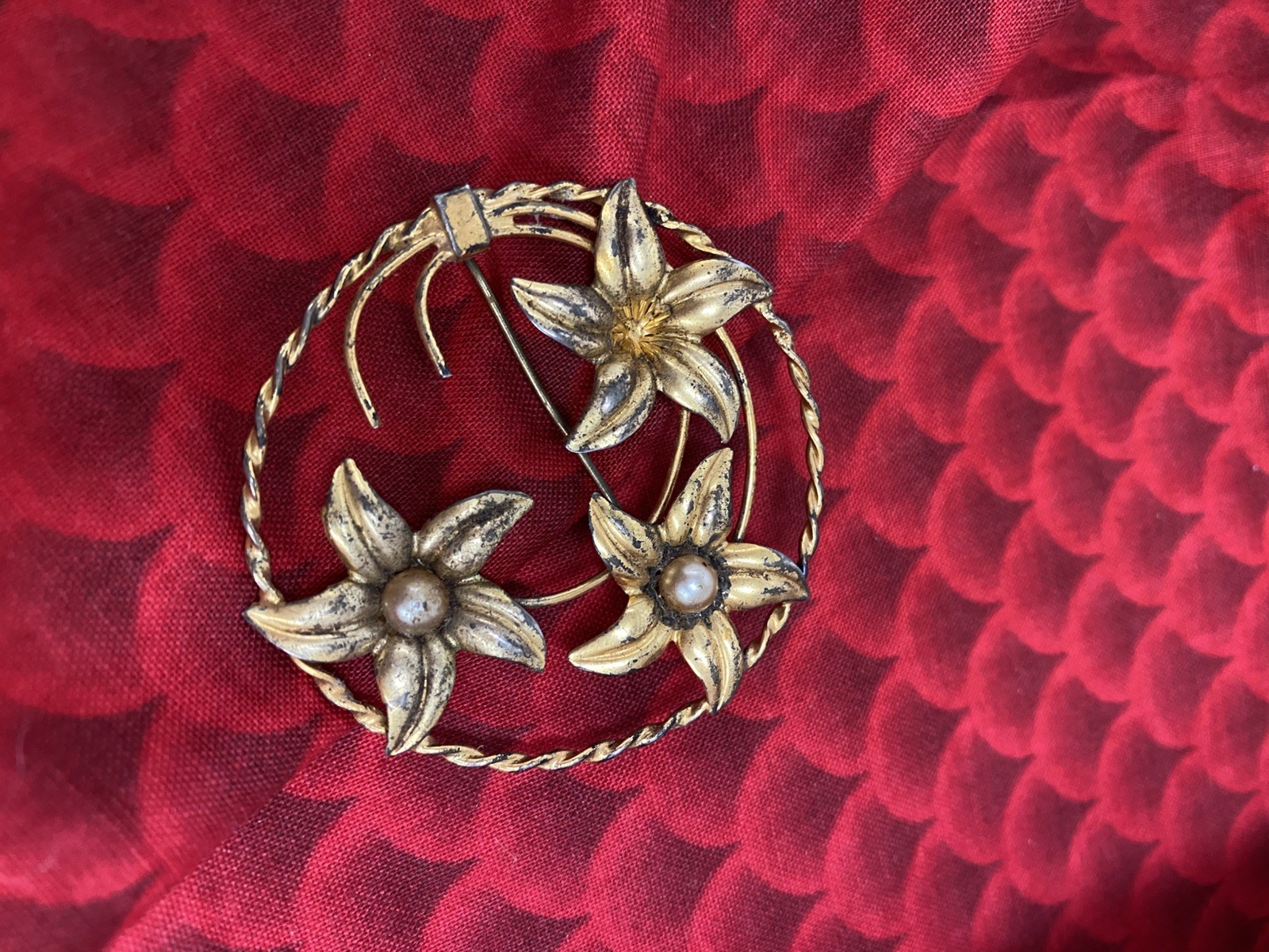 2 VINTAGE STERLING GOLD WASH BROOCH/PIN – FLORAL & VICTORIAN LADY