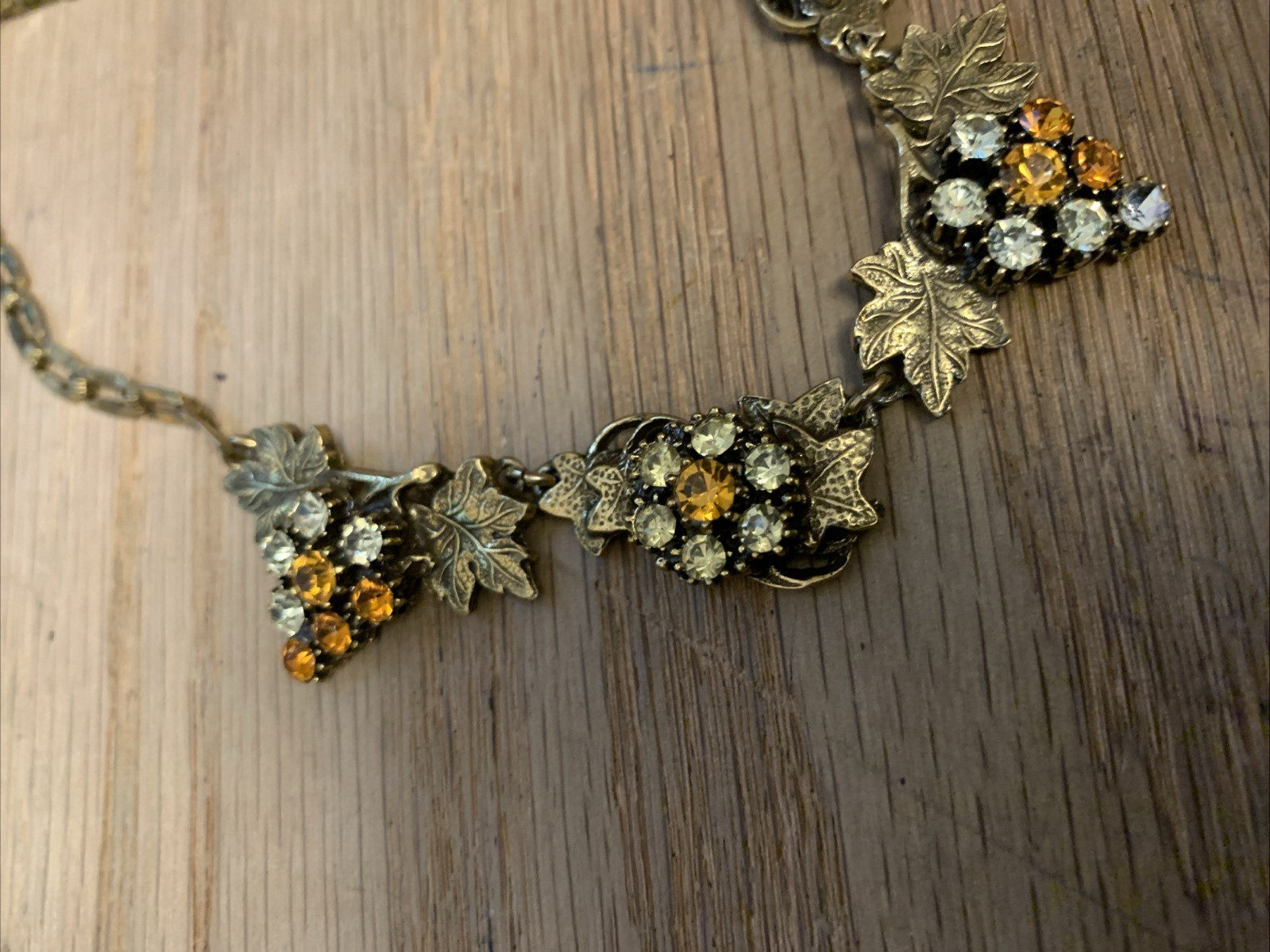 Vintage Unsigned Rhinestone Grape Cluster & Leaves Necklace