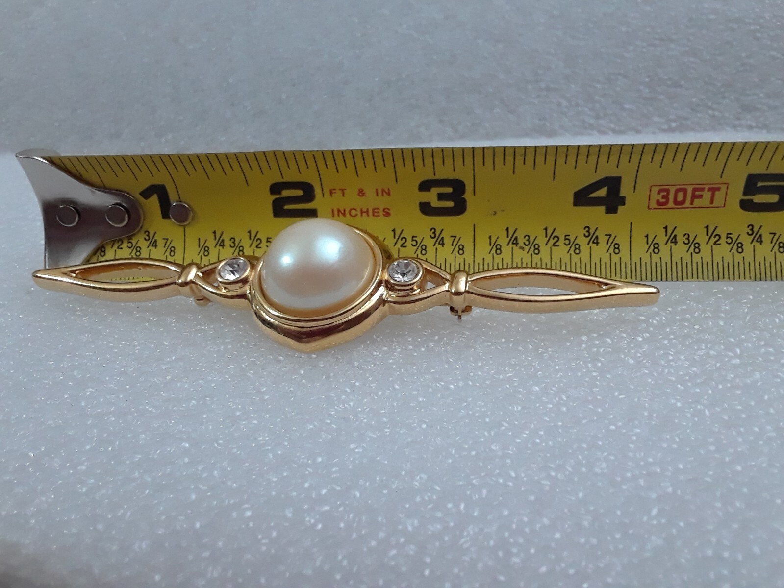 Monet Gold Tone Large Faux Pearl Bar Pin Brooch 4 in Long