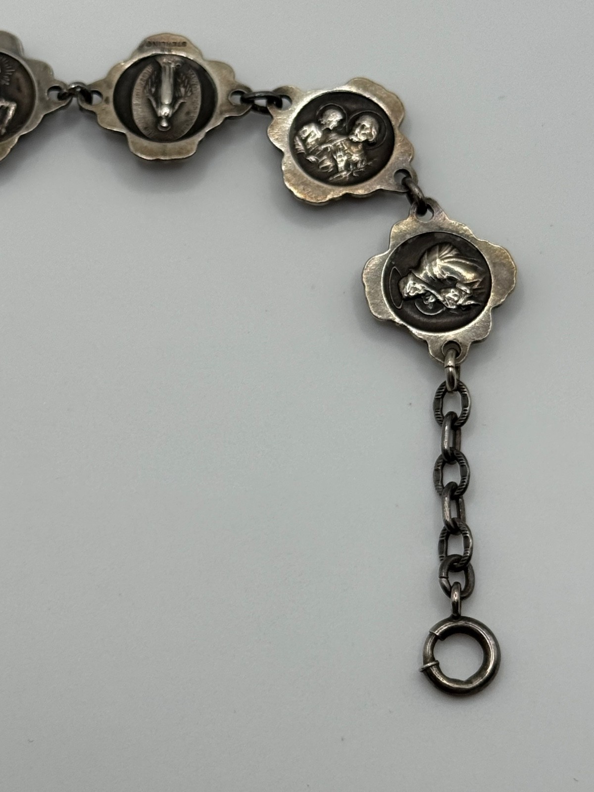 Vintage HVH Sterling Silver Rosary Catholic Saints Rose Panel Link Bracelet