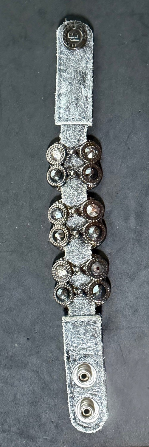Vtg Leatherock USA Light-Grey Leather Band Bracelet Rhinestone Embellished Boho