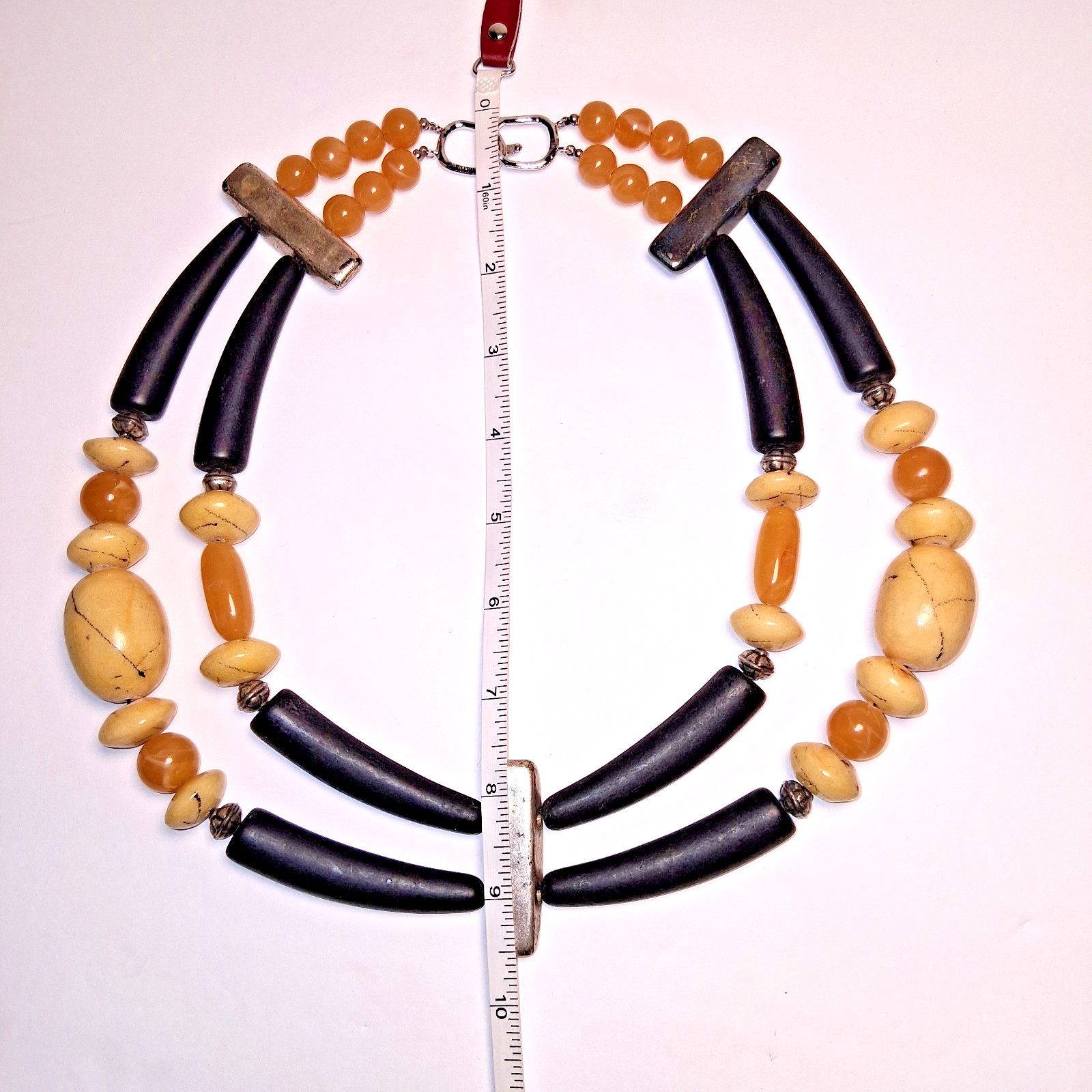 Vintage Les Bernard Double Strand Faux Horn Runway Necklace Black & Amber Resin