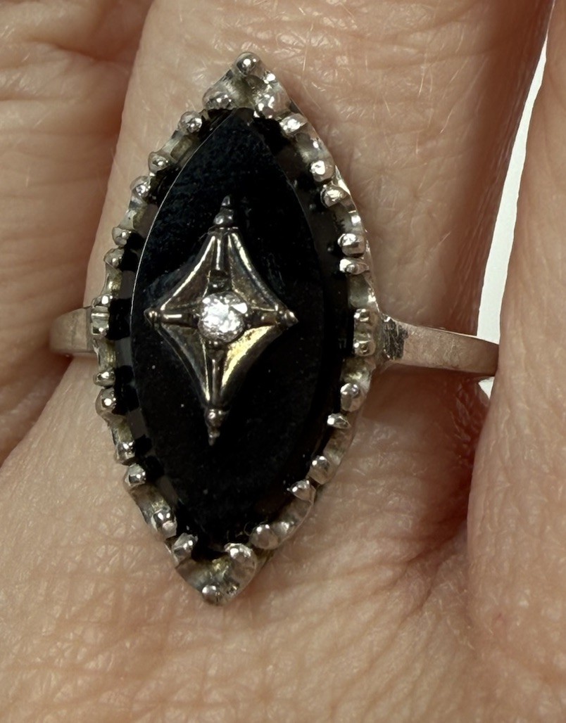 Vintage Art Deco 14k White Gold Marquise Black Onyx Diamond Ring Size 7