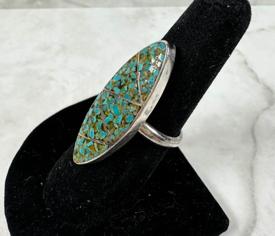 Sterling Silver Turquoise Chip Inlay Ring – Oblong – Vintage – Size 7.25