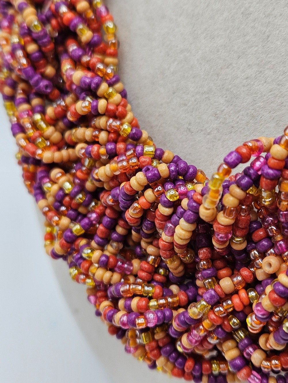 VINTAGE Multicolor Glass Seed Bead Braided Beaded Statement Necklace Boho