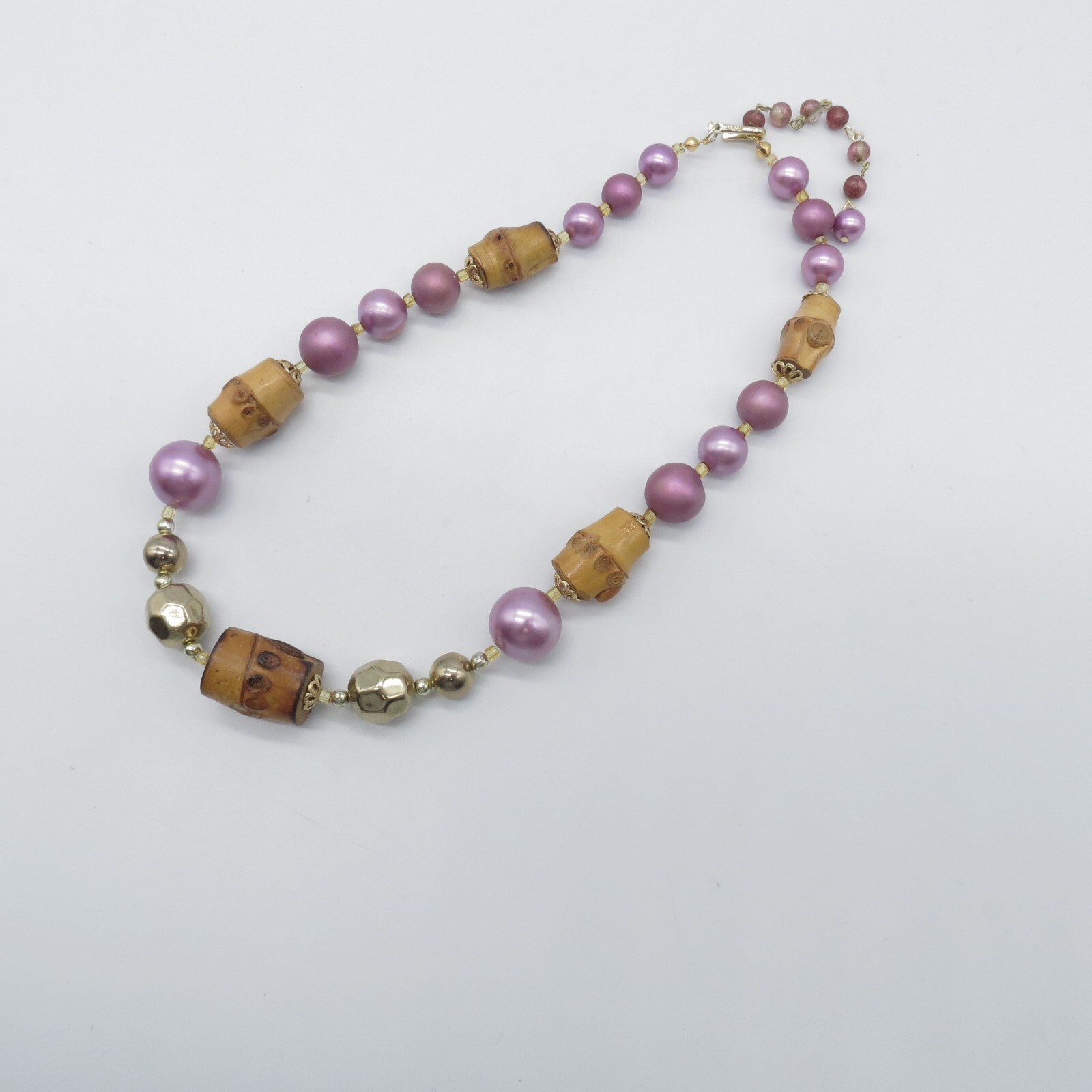 Vintage Japan Bamboo Pink Beaded Necklace Gold Tone Statement 17″