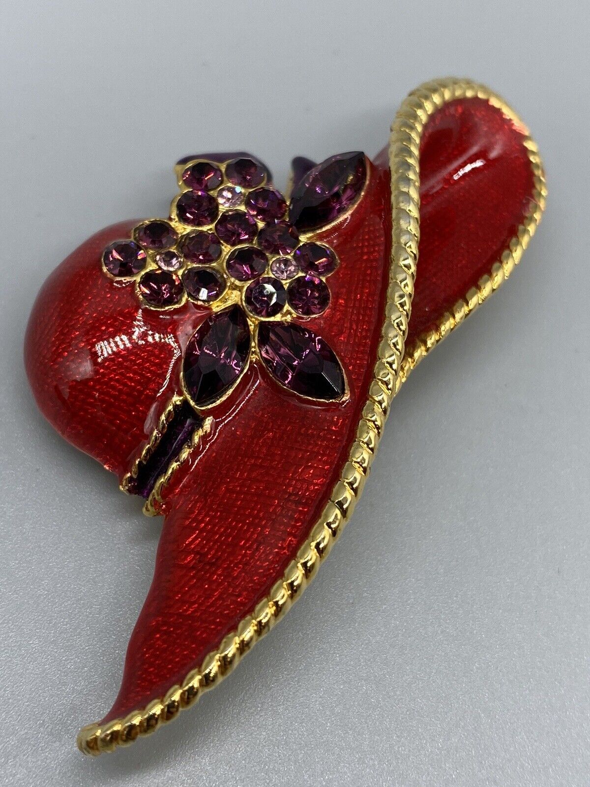 Vintage Lady Hat Red Enamel Floral Ribbon Purple Rhinestone Gold Tone Brooch Pin